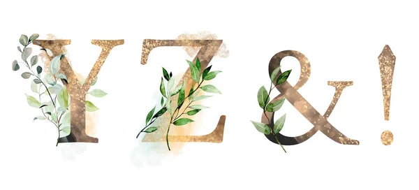 Set Gold Letters Watercolor Eucalyptus Greenery Branches Isolated Illustration White —  Fotos de Stock
