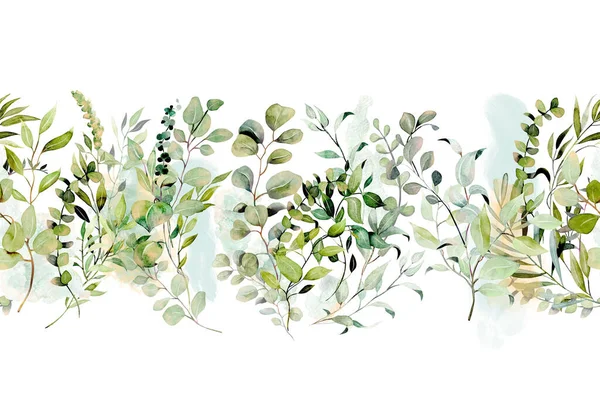 Horizontal seamless border of watercolor greenery and eucalyptus branches, illustration on a white background