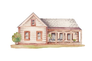 Bahçe mobilyaları ve çimleri olan ahşap çiftlik evinin suluboya çizimi, beyaz arka planda izole edilmiş illüstrasyon