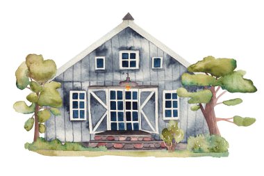 Watercolor illustration of black wooden farmhouse, isolated illustration on white background