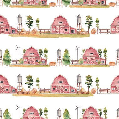 Seamless pattern of watercolor red rustic barns, water tower and windmill, illustration on white background clipart