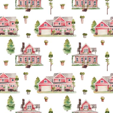 Seamless pattern of watercolor red wooden classic american houses with green trees and lawn, illustration on white background