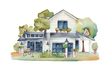 Beyaz ahşap, bahçe mobilyası ve çimenliği olan klasik Amerikan evinin suluboya çizimi, beyaz arka planda izole edilmiş bir illüstrasyon.