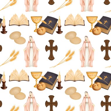 Seamless pattern on the religious theme (Bible, Virgin Mary, cross, wheat, candle), hand drawn illustration on white background