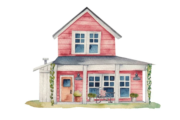 Watercolor Illustration Red Wooden Farmhouse Garden Furniture Lawn Isolated Illustration —  Fotos de Stock