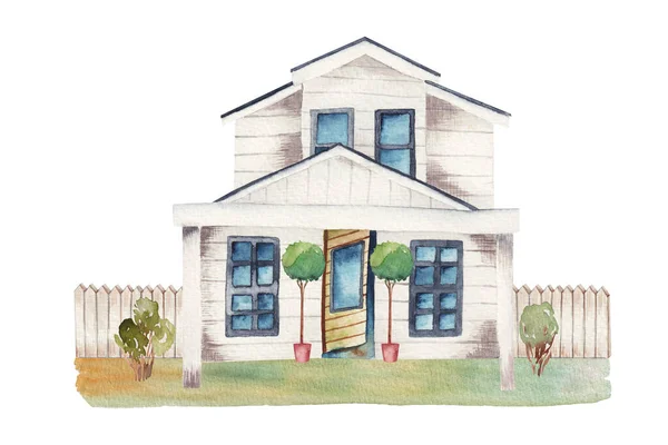 Watercolor Illustration White Wooden Farmhouse Lawn Isolated Illustration White Background — Foto de Stock