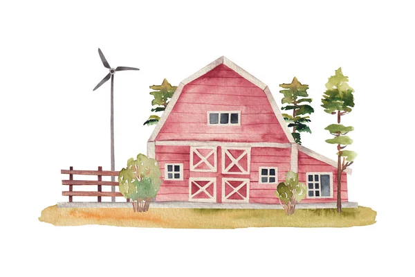 Akvarel Ilustrace Červené Dřevěné Stodoly Stromů Větrného Mlýna Izolované Ilustrace — Stock fotografie
