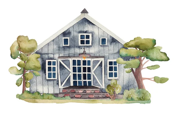 Watercolor Illustration Black Wooden Farmhouse Isolated Illustration White Background — стоковое фото