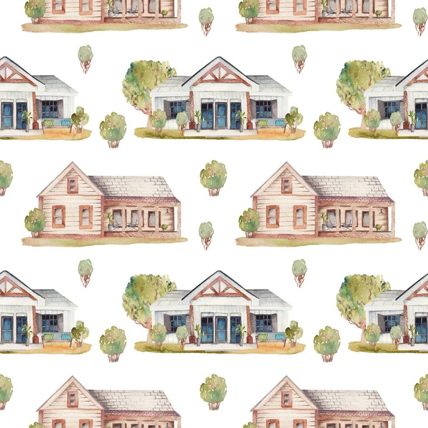 Bezešvé Vzor Akvarel Dřevěné Domy Zelenými Keři Trávníkem Ilustrace Bílém — Stock fotografie