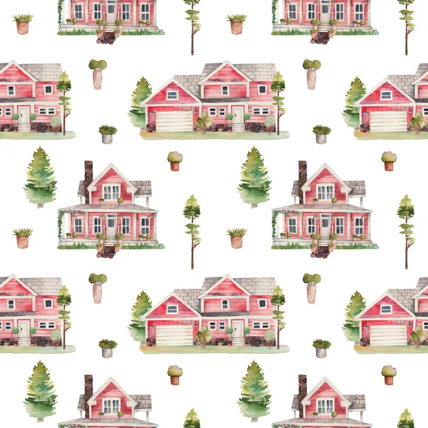 Seamless Pattern Watercolor Red Wooden Classic American Houses Green Trees — Fotografia de Stock