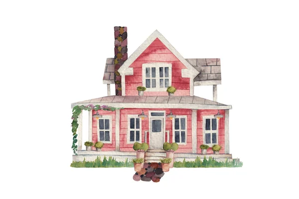 红色木制房屋的水彩画 白色背景的孤立画 — 图库照片