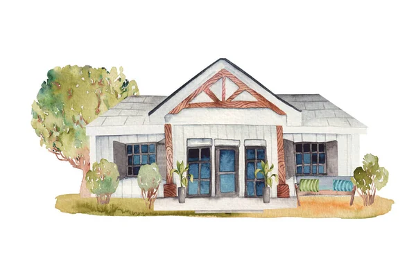 Akvarell Illustration Vitt Trä Amerikanskt Hus Med Trädgårdsmöbler Och Gräsmatta — Stockfoto