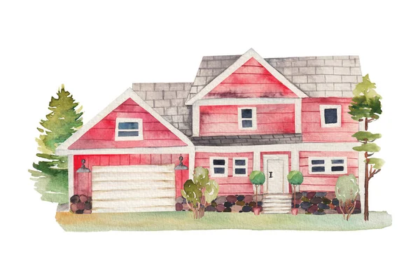 Akwarela Ilustracja Czerwonego Drewnianego Amerykańskiego Domu Trawnika Pojedyncza Ilustracja Białym — Zdjęcie stockowe