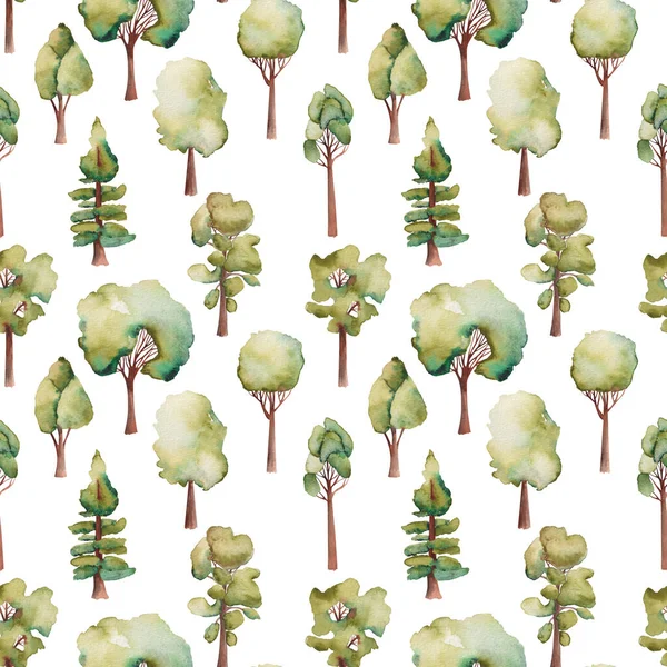 Sömlös Mönster Akvarell Gröna Träd Handmålade Illustration Vit Bakgrund — Stockfoto