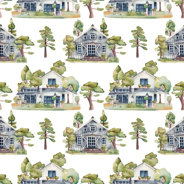 Seamless Pattern Watercolor White Wooden Classic American Houses Garden Furniture —  Fotos de Stock