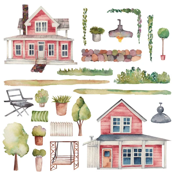 Set Watercolor Red Wooden Farmhouses Garden Elements Isolated Illustration White — стоковое фото