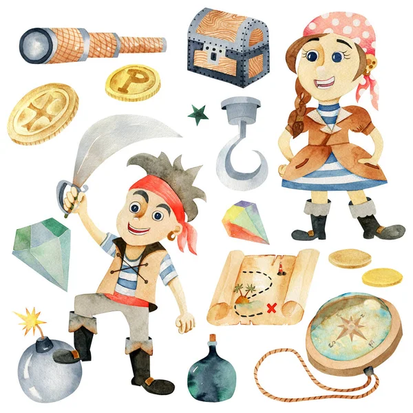 Set Watercolor Funny Pirates Pirate Map Compass Coins Chest Isolated — Stock Photo, Image