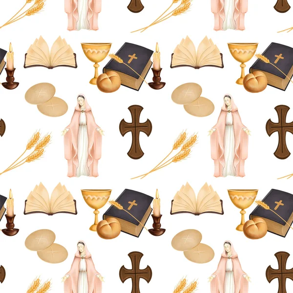Seamless Pattern Religious Theme Bible Virgin Mary Cross Wheat Candle — Stock Fotó