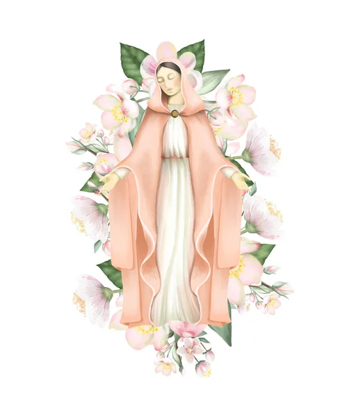 Illustration Virgin Mary Spring Apple Blossom Flowers Isolated Illustration White — Stok fotoğraf