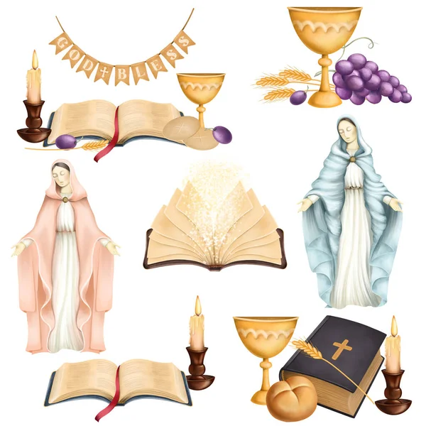 Religieus Clipart Illustratie Van Een Bijbel Maagd Maria Kaars Andere — Stockfoto