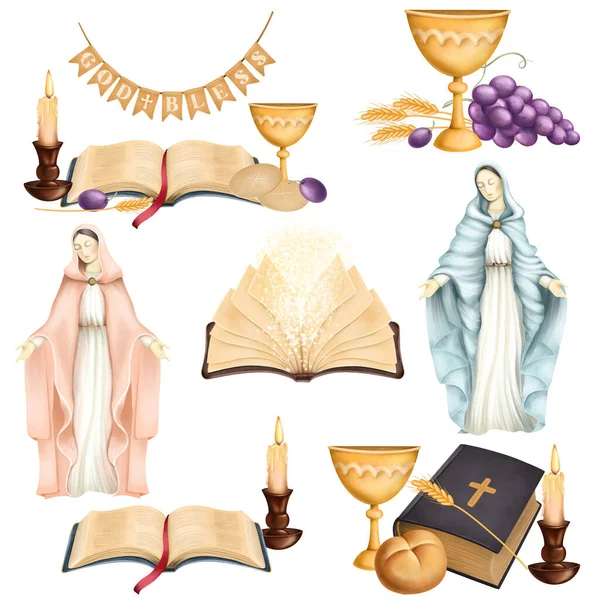 Religious clipart, illustration of a Bible, Virgin Mary, candle and other religious elements; first communion clipart