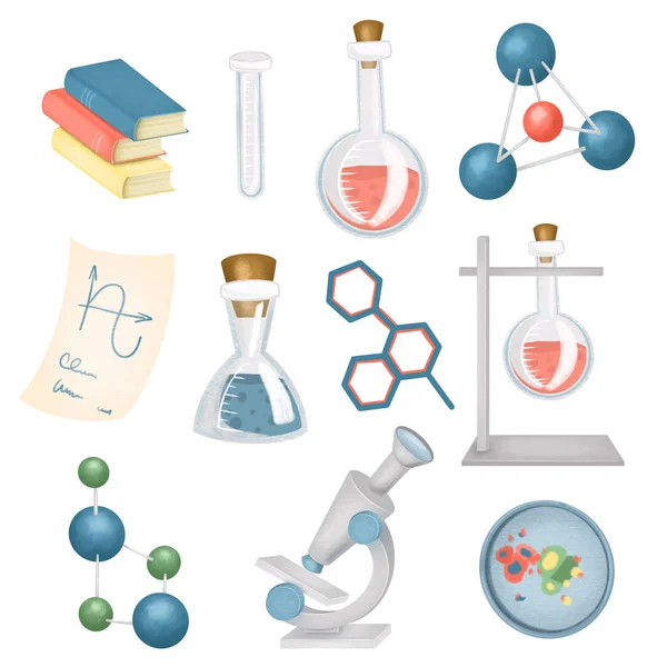 Set Graphic Elements Science Theme Medicine Biology Chemistry Physics Isolated — Stok fotoğraf