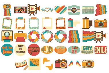 Retro fotoğrafçılık vektör illüstrasyonları seti; vintage kamera, çerçeveler, kamera rulosu ve vintage fotoğraf elemanları