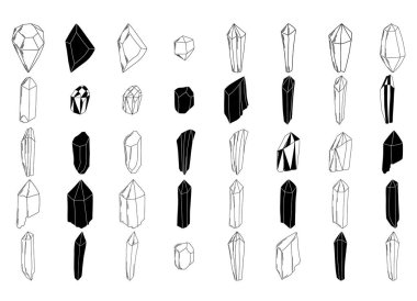 El çizimi kristaller, yalıtılmış değerli taşlar, elmaslar siyah beyaz çizgi koleksiyonu, mistik kristaller vektör çizimi