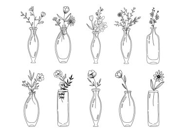 Klasik cam şişelerdeki kır çiçekleri, kavanozdaki çiçekler, botanik klipsleri, basit karalama vektör çizimleri.