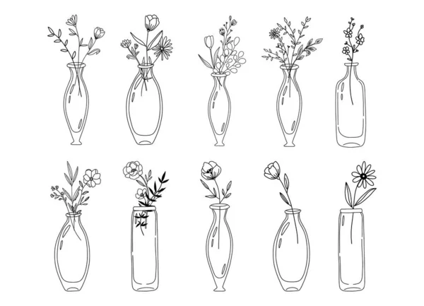 Klasik Cam Şişelerdeki Kır Çiçekleri Kavanozdaki Çiçekler Botanik Klipsleri Basit — Stok Vektör