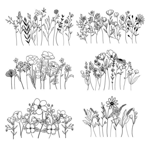 Composição Arte Linha Abstrata Botânica Borda Floral Mínima Ervas Desenhadas —  Vetores de Stock