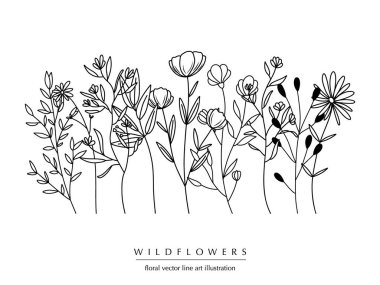 El yapımı bitkilerin, çiçeklerin, yaprakların ve dalların olduğu botanik ve soyut bir çizgi; vektör çizimi;