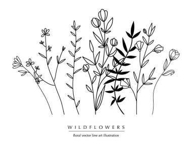 El yapımı bitkilerin, çiçeklerin, yaprakların ve dalların olduğu botanik ve soyut bir çizgi; vektör çizimi;