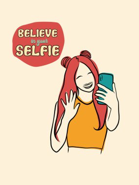 Selfie çeken güzel bir kız, fotoğrafçılık vektör çizimi, özçekim sloganına inan.