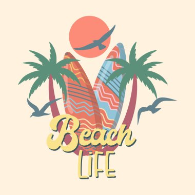Yaz tatili vektör ilüstrasyonu; retro yaz tatili, sörf, sahil, gün batımı, okyanus dalgaları, palmiye ağaçları elementleri ve semboller, sahil hayatı sloganı