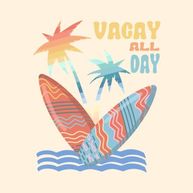 Yaz tatilinin vektör çizimi; retro yaz tatili, sörf, sahil, gün batımı, okyanus dalgaları, palmiye ağaçları elementleri ve sembolleri