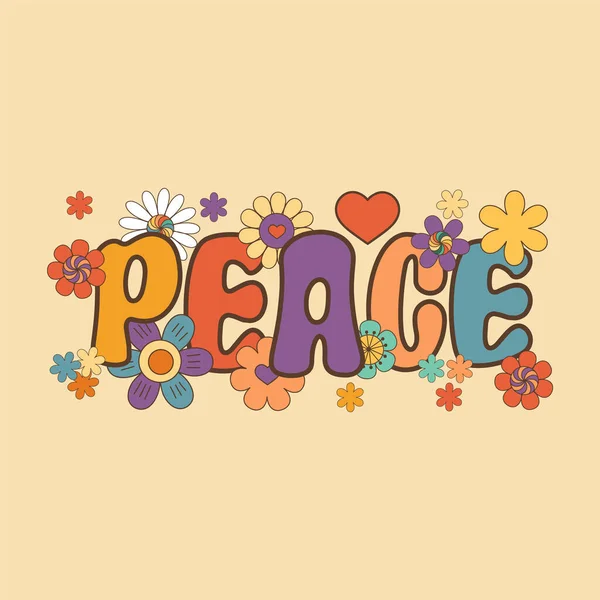 Friedenswort Mit Blumen Hippie Blumencliparts Isolierte Vektorillustration — Stockvektor
