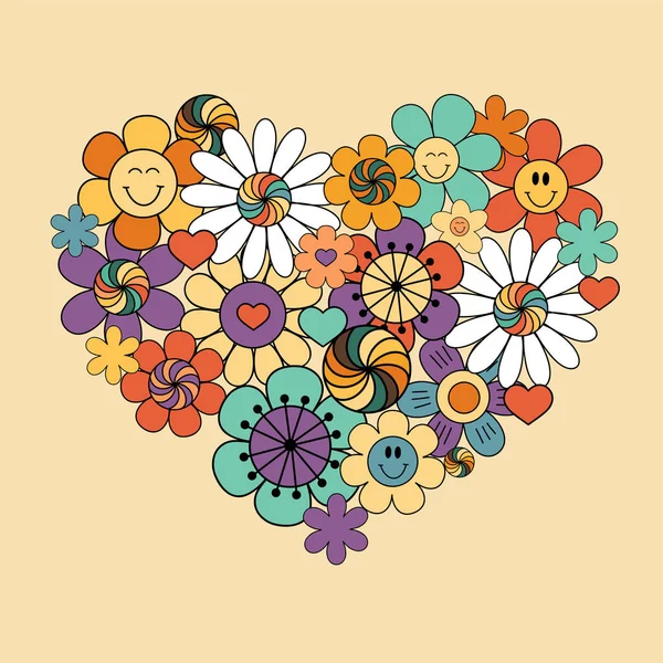 Herz Aus Groovigen Retro Blumen Hippie Konzept Isolierte Vektorillustration — Stockvektor