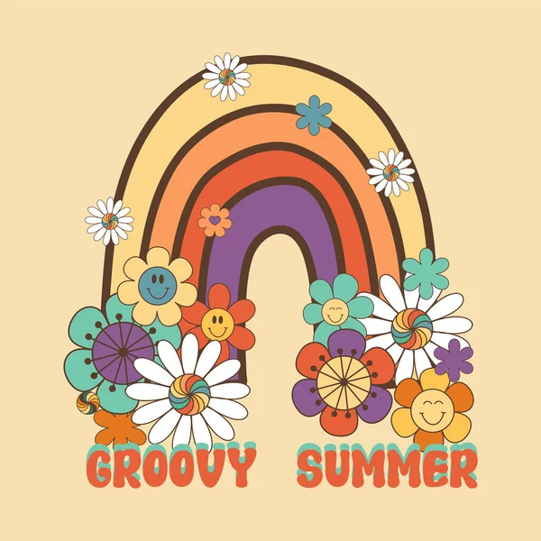Groovy Retro Rainbow Flowers Hippie Flower Clipart Изолированная Векторная Иллюстрация — стоковый вектор