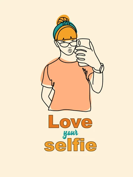 Hübsches Mädchen Macht Selfies Fotografie Vektor Illustration Liebe Dein Selfie — Stockvektor