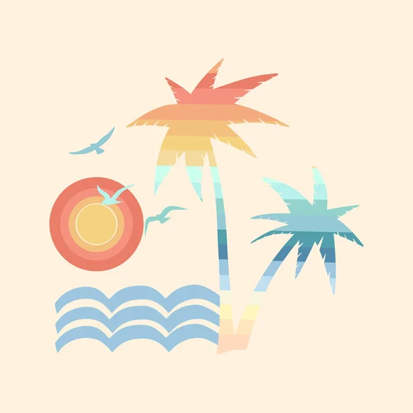 Sommerurlaub Vektor Illustration Retro Sommerurlaub Surfen Strand Sonnenuntergang Meereswellen Palmen — Stockvektor