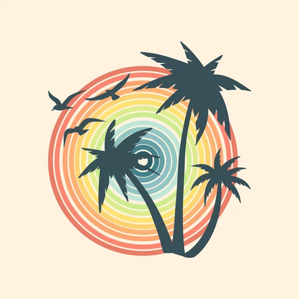 Καλοκαιρινές Διακοπές Διάνυσμα Εικονογράφηση Ρετρό Καλοκαιρινές Διακοπές Παραλία Ηλιοβασίλεμα Κύματα — Διανυσματικό Αρχείο
