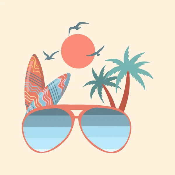 Καλοκαιρινές Διακοπές Διάνυσμα Εικονογράφηση Ρετρό Καλοκαιρινές Διακοπές Surfing Παραλία Ηλιοβασίλεμα — Διανυσματικό Αρχείο