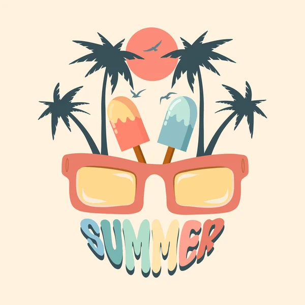 Summer Holiday Vector Illustration Retro Summer Vacation Surfing Beach Sunset — Stock Vector