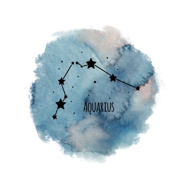 Aquarius burç burcu, suluboya arka planda, beyaz yıldız burcunda, mavi gökyüzünde siyah takımyıldızda izole edilmiş.