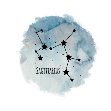 Sulu arkaplan üzerindeki Sagittarius burç burcu, beyaz yıldız burcunda izole edilmiş, mavi gökyüzünde siyah takımyıldız.