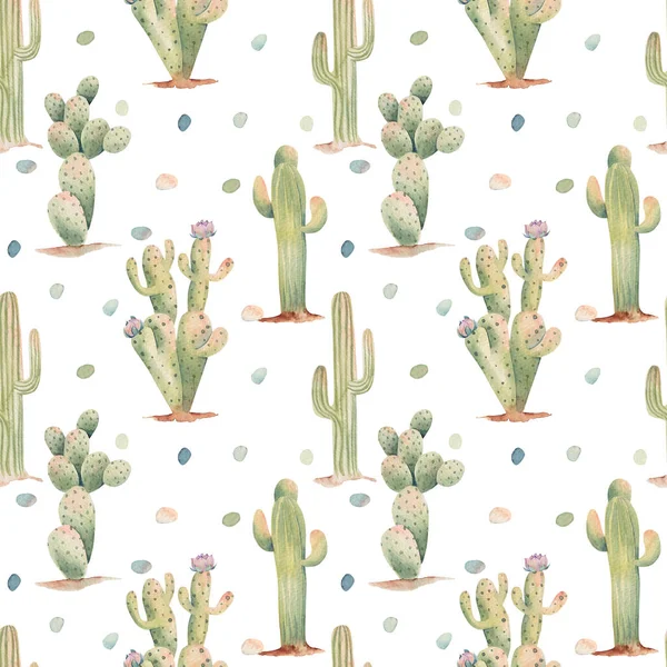 Sömlös Mönster Akvarell Öken Kaktusillustration Vit Bakgrund — Stockfoto