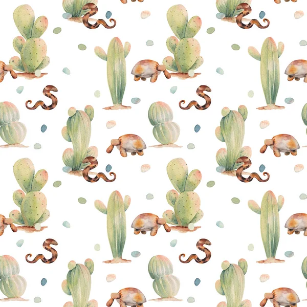 Sömlös Mönster Akvarell Kaktusar Och Djur Öken Illustration Vit Bakgrund — Stockfoto