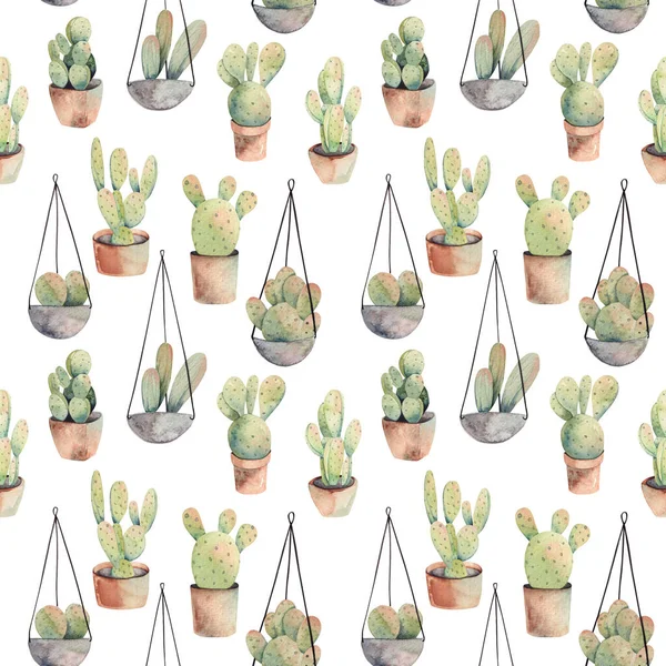 Sömlöst Mönster Akvarell Kaktusar Kruka Och Hängande Krukväxter Illustration Vit — Stockfoto