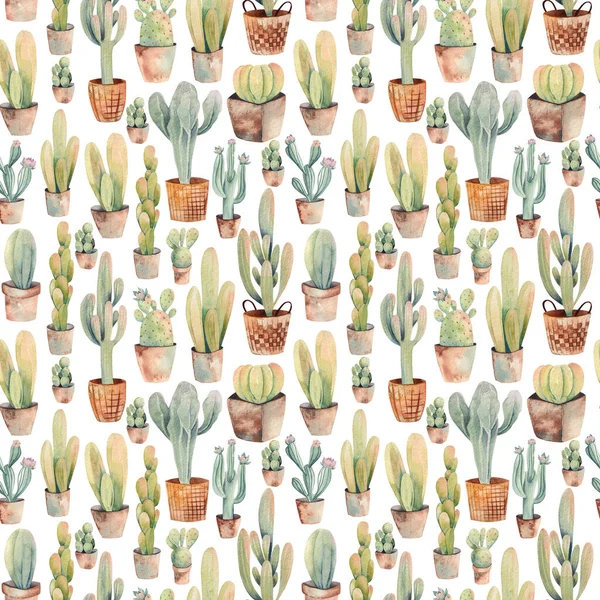 Sömlös Mönster Akvarell Kaktusar Kruka Illustration Vit Bakgrund — Stockfoto